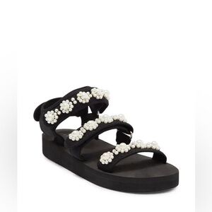 Forget Me Not sporty flat sandals with faux pearls in black size 9
